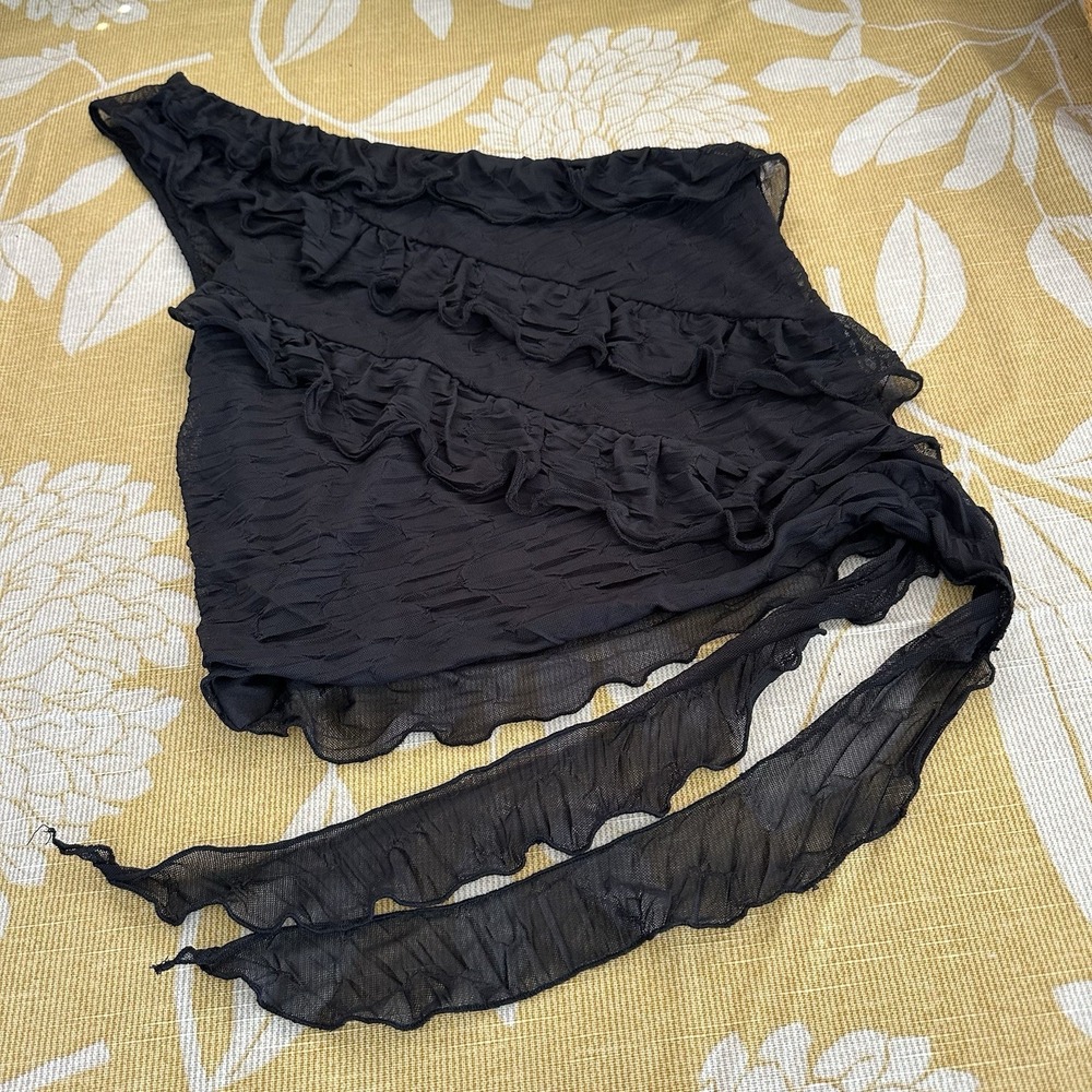 Tiered Ruffled One Shoulder Crop Top Size L Black Textured Side Tie Feminine - Picture 4 of 6
